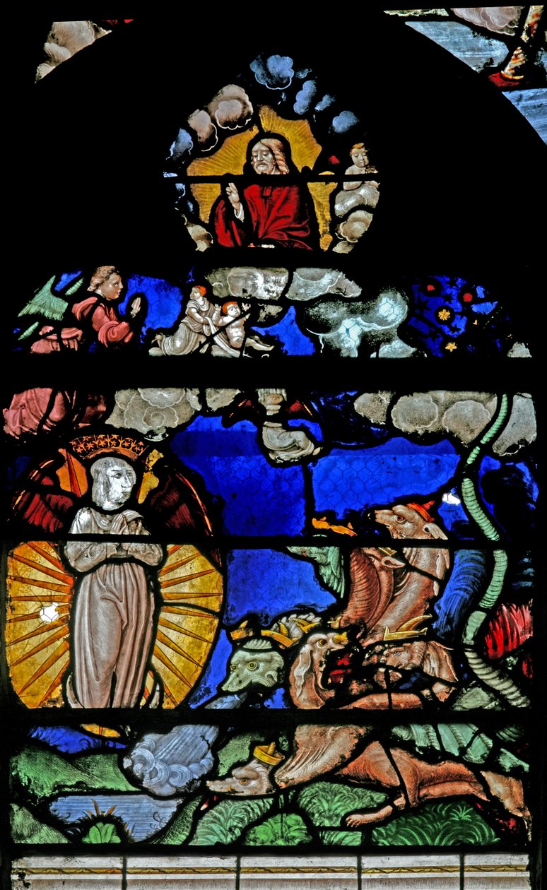 Vindu w9 som viser en scene fra St Johns Book of the Revelation av French School