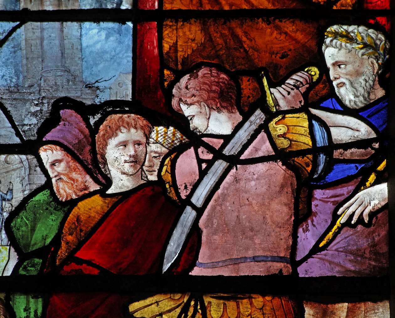 Vindu w9 som viser figurer ved St Pauls død av French School