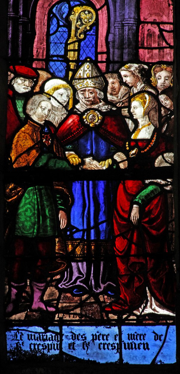 Vindu w9 som viser scener fra Lives of St Crepin og St Crepinien av French School