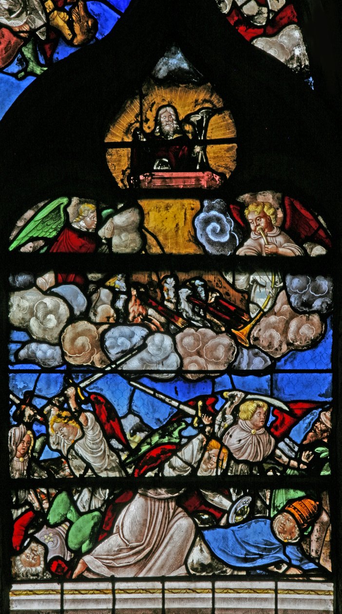 Vindu w9 som viser den siste dommen - etter Albert Durer av French School