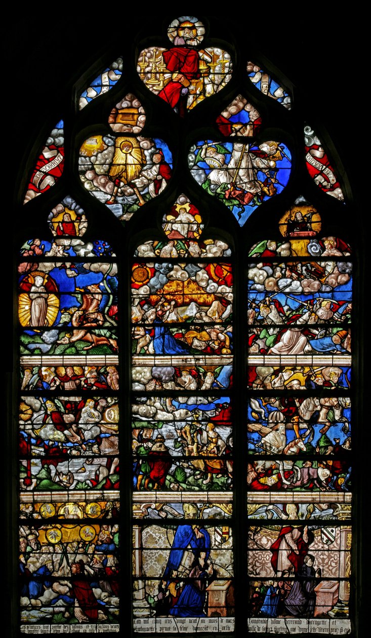 Vindu w9 som viser den siste dommen - etter Albert Durer av French School