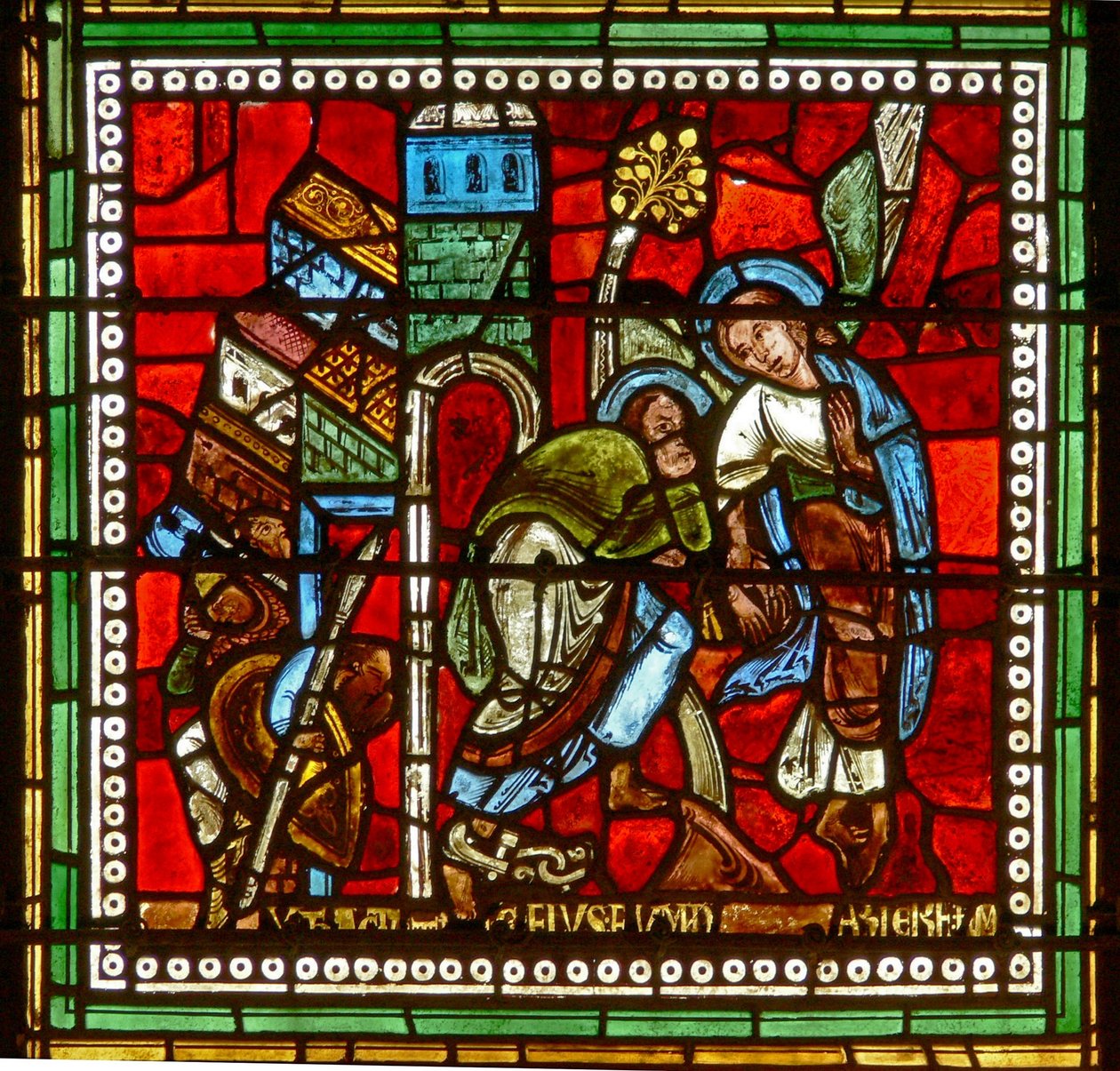 Vindu wXVIII som viser St Peter ledet ut av fengselet av en engel av French School