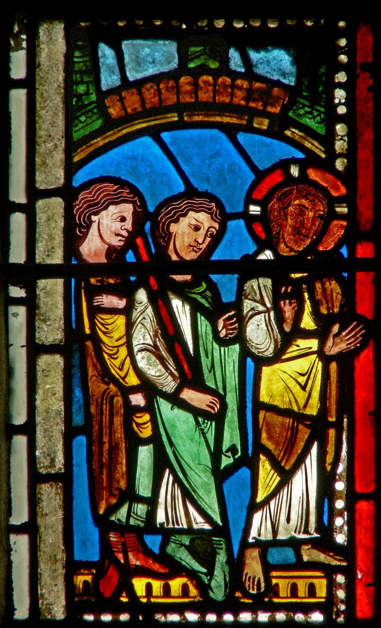 Vindu wXV som viser en oppstandelsesscene: veien til Emmaus av French School