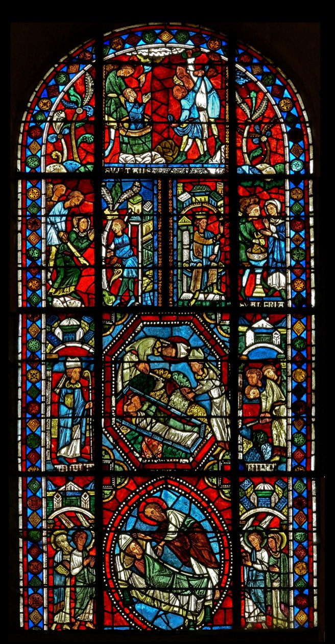 Vindu wXX som viser sammensatt vindu om relikviene til St. Gervais et Protais og martyrdøden til deres foreldre St. Vital og Valery av French School