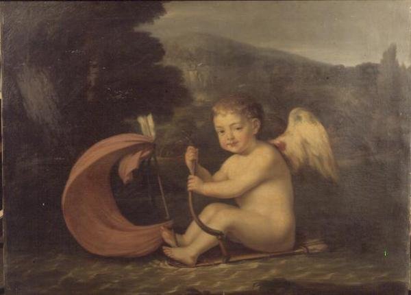 Bevinget Amor, seiler en båt med koggerskrog og pilmast, ca. 1800 av French School
