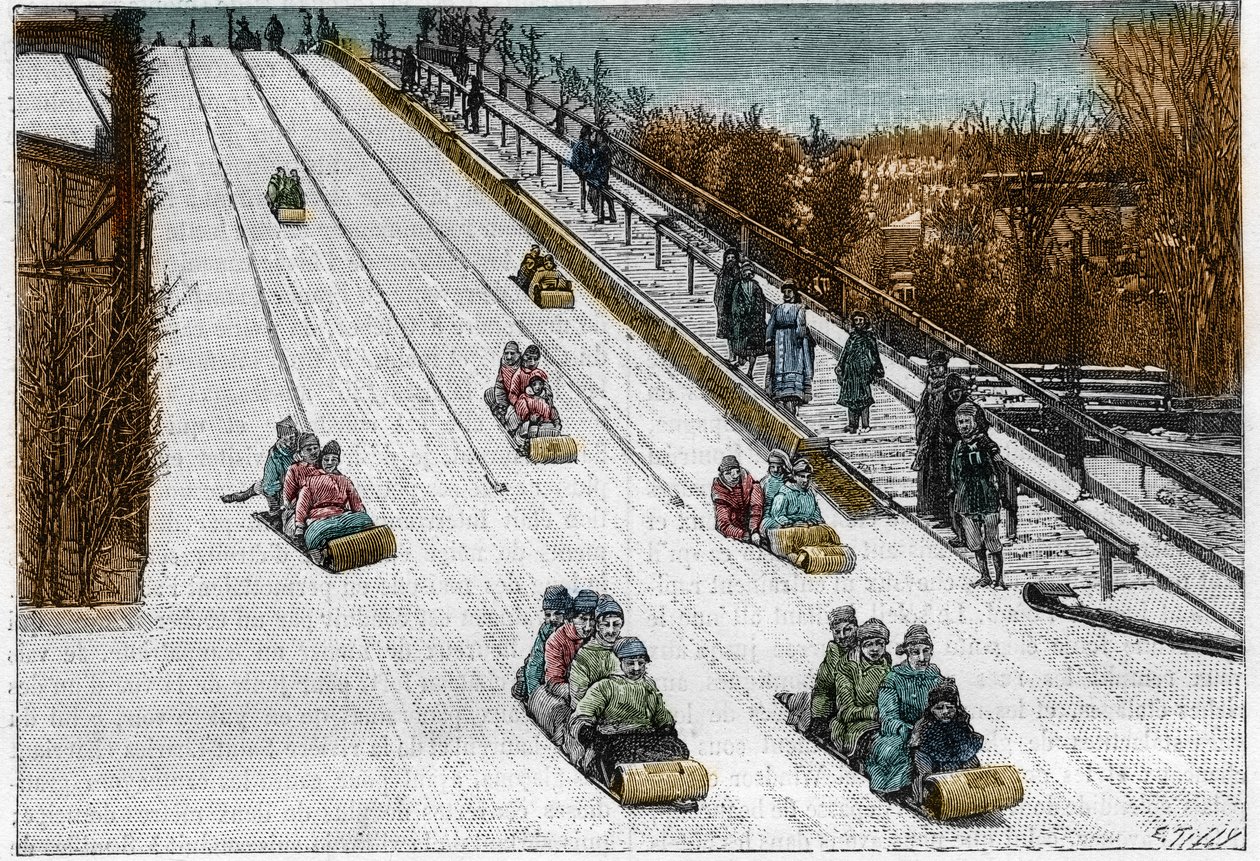 Vinterlek og sport: Tobogan-sklien, berg-og-dal-bane i Montreal Park, Canada. Gravering i "" Nature. Journal of science og dets anvendelser til kunst og industri. av French School