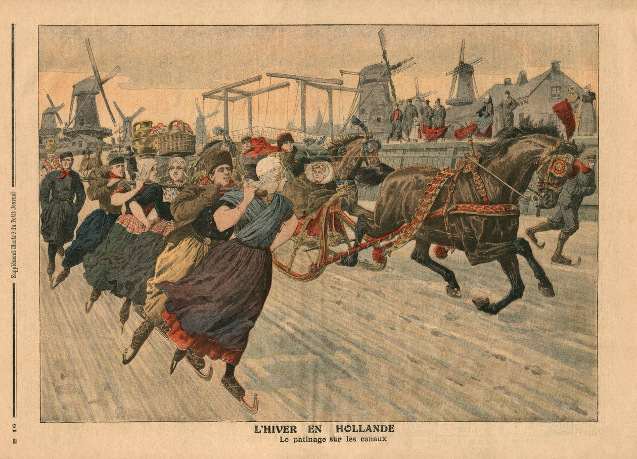Vinter i Holland, skøyter på kanalen, illustrasjon fra 