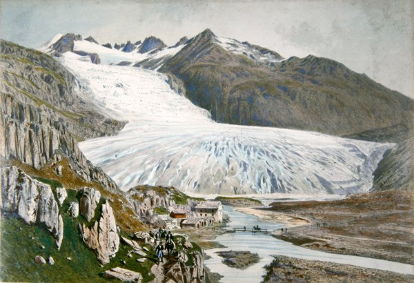 Vinterlandskap og reisende i Pyreneene, ca. 1850 (farge litho) av French School