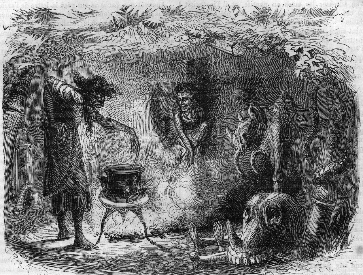 Witchcraft practice: witch around a cauldron making magic potions and sortileges. Engraving in “Histoire des Papes-Rois-Queen and Empereurs a travers les centuries”” by Maurice Lachatre av French School