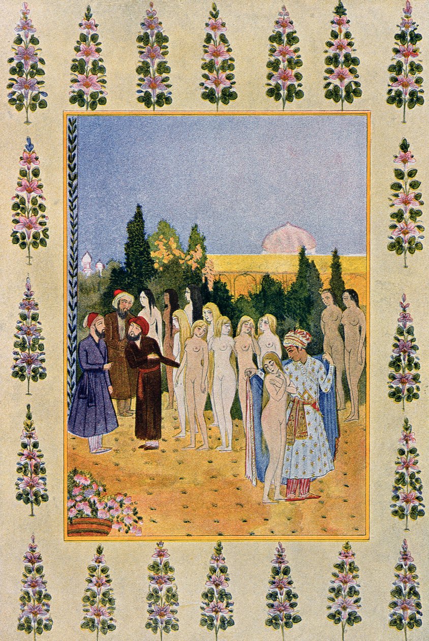 Med min kappe skal jeg beskytte hennes nakenhet, illustrasjon fra The Arabian Nights, 1895 (fargegravering) av French School