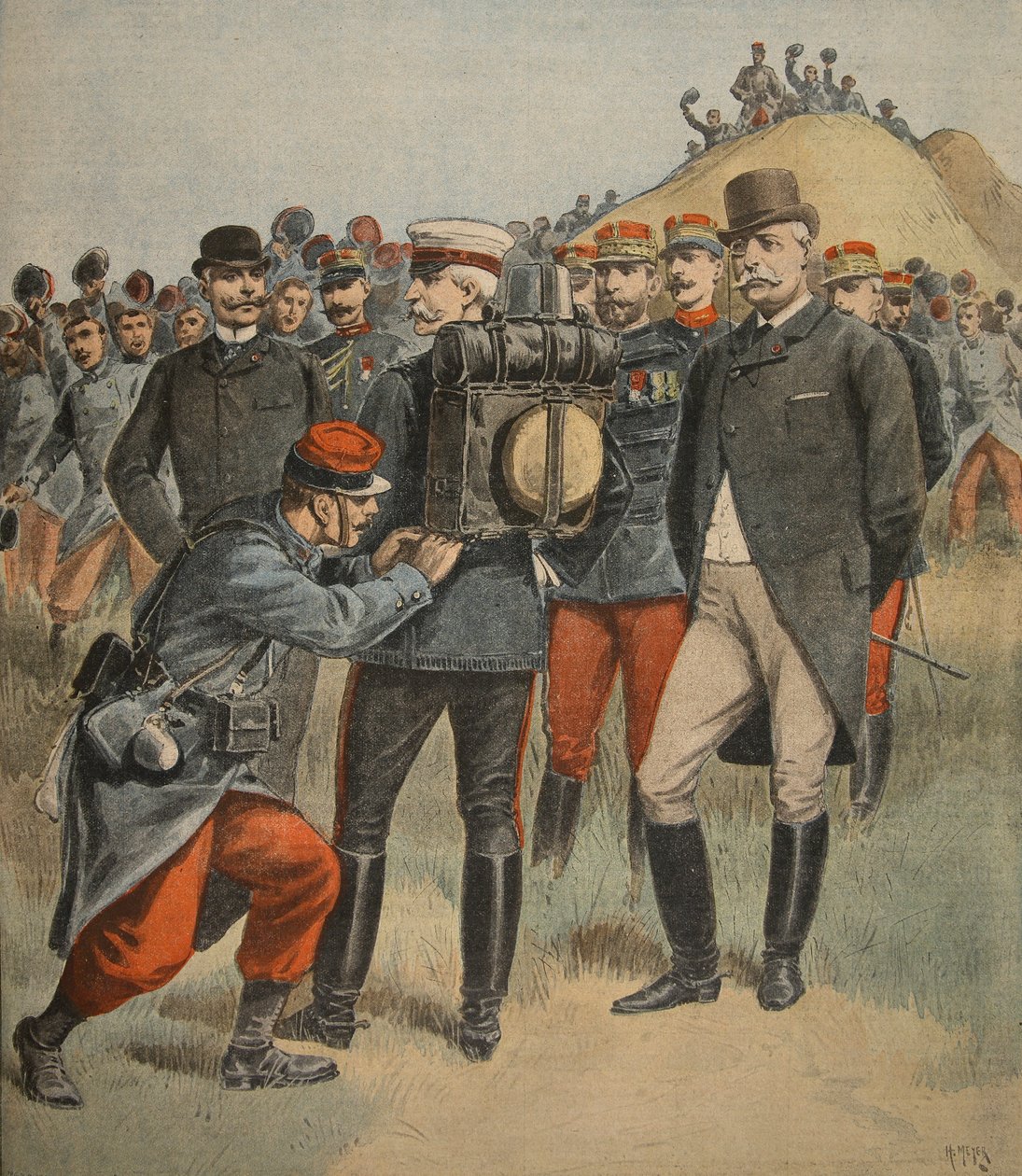 Med hærens manøvrer: Hertugen av Connaught tester sekken til en soldat, illustrasjon fra Le Petit Journal: Supplement illustre, 2. oktober 1898 av French School