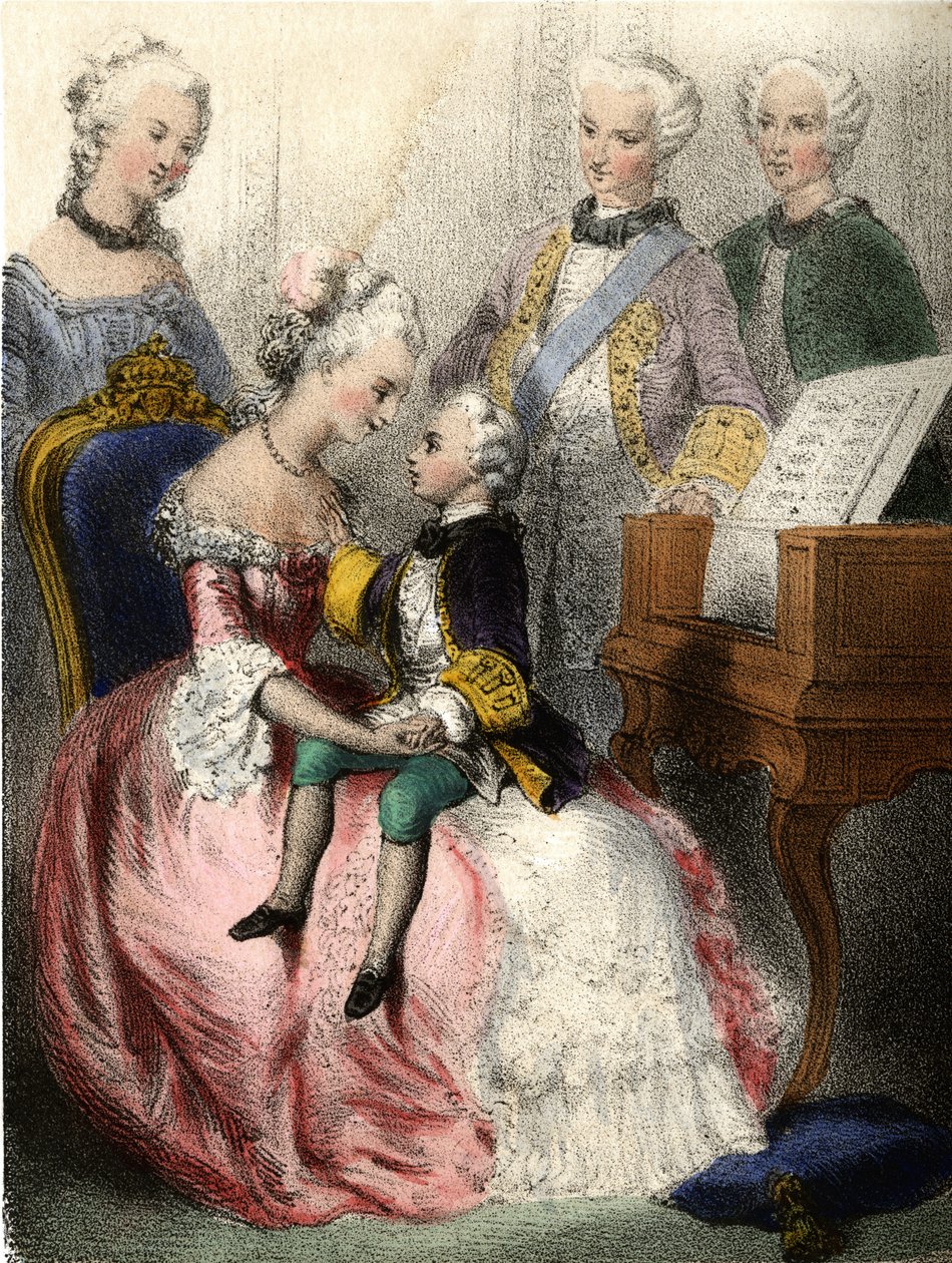 Wolfgang Amadeus Mozart (1756-1791) i armene til den østerrikske imponen Marie-Therese (marie therese) - i "" De berømte barna - historiske fortellinger"" av Madame Eugenie Foa av French School
