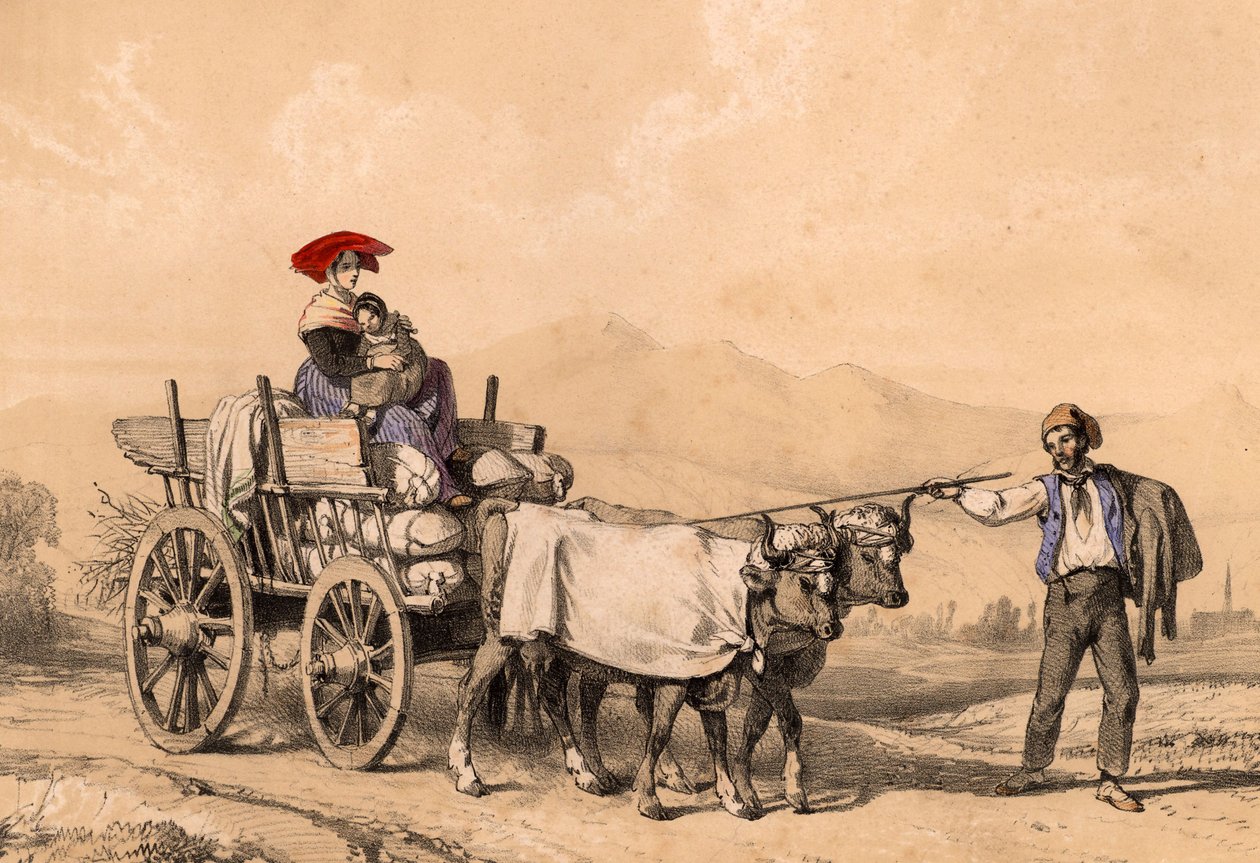 Kvinne og barn i tradisjonell kjole kjører på en vogn full av sekker, ca. 1840 av French School