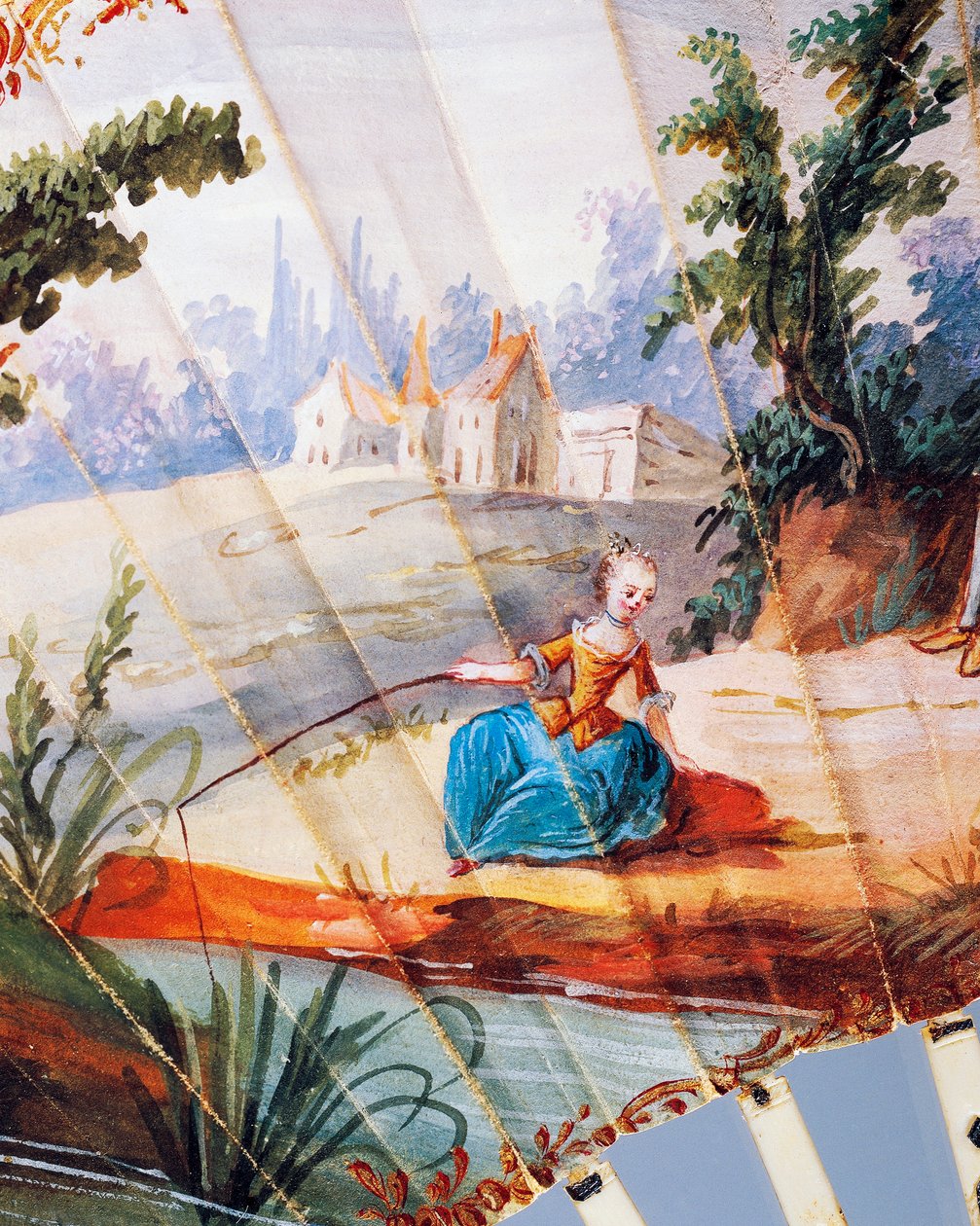 Kvinne som fisker i elv, detalj av tobladshåndvifte malt med pastoral scene, elfenben og sølvribber, ca 1760, foran, Frankrike av French School