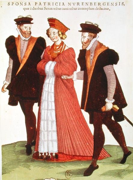 Kvinne fra Nürnberg blir eskortert til tempelet av to senatorer, 1572 av French School