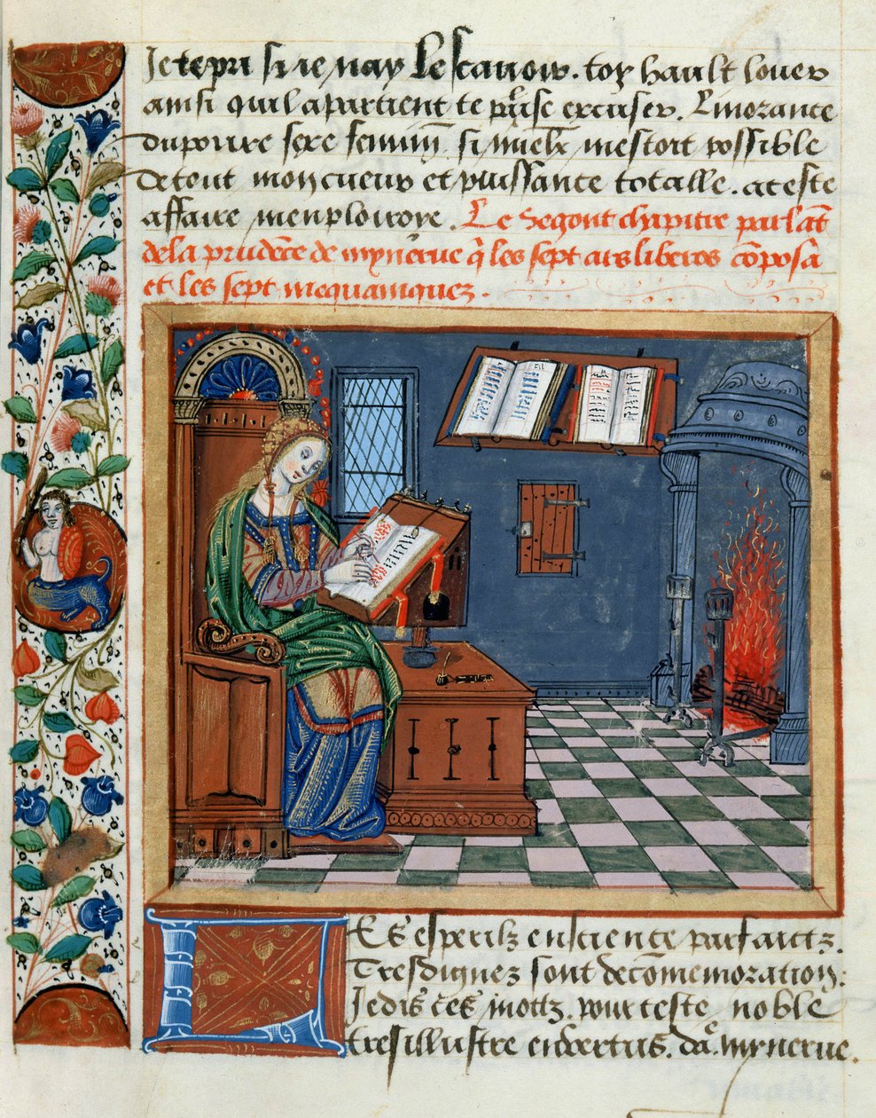 Kvinne som belyser boken om de kloke og uforsiktige av Catherine dAmboise, 1509 av French School