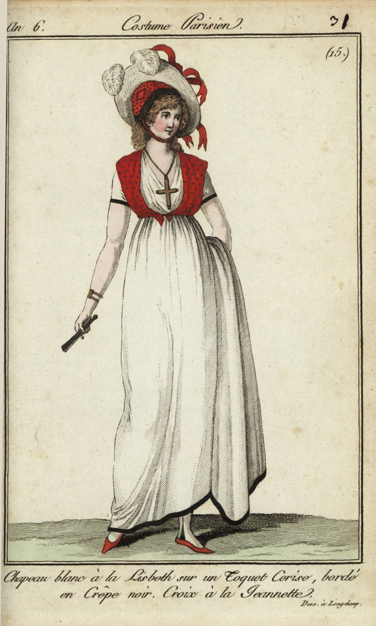 Kvinne i Lisbeth-hatt på moten fra 1798 (håndfarget kobberstikk) av French School