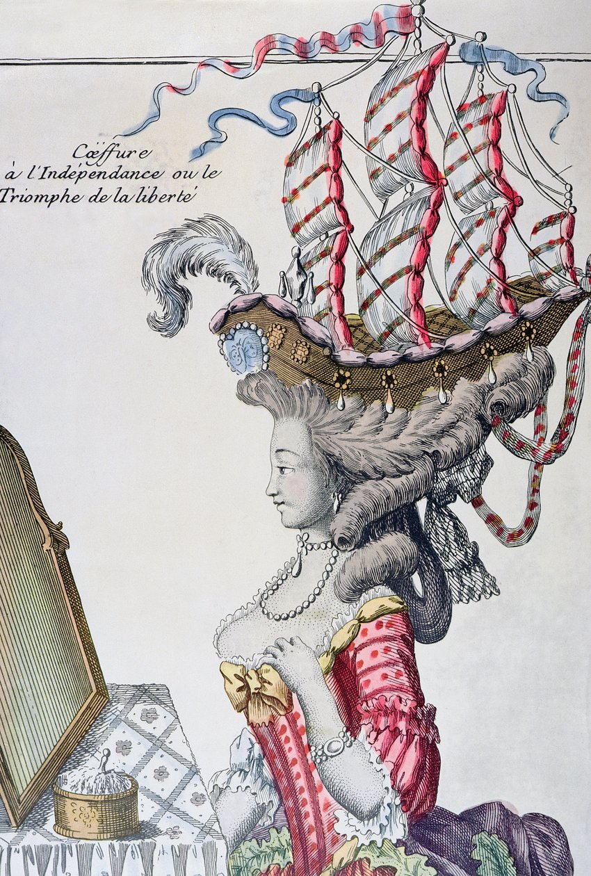 Kvinne i en dagskjole med frisyre a la Belle Poule, periode med amerikansk uavhengighet, 1779-80 av French School