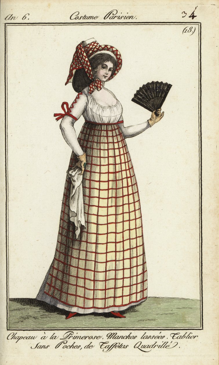 Kvinne i Primerose-hattemoten fra 1798 (håndfarget kobberstikk) av French School