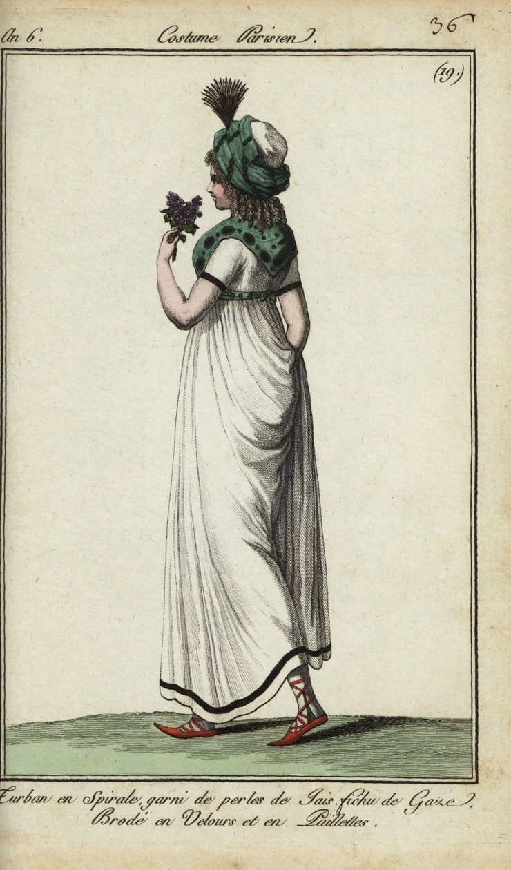 Kvinne i moten fra 1798 (håndfarget kobberstikk) av French School