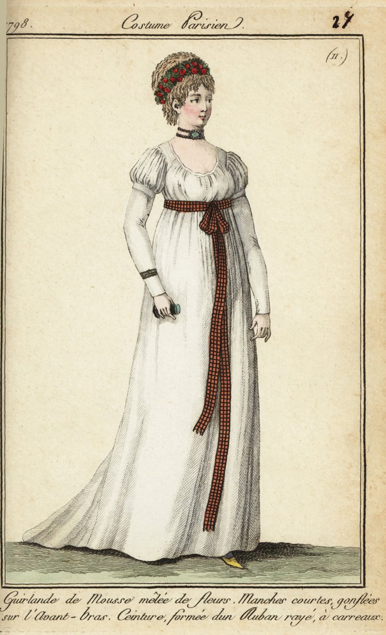 Kvinne i motene fra 1798 med kort hår under en krans (håndfarget kobberstikk) av French School