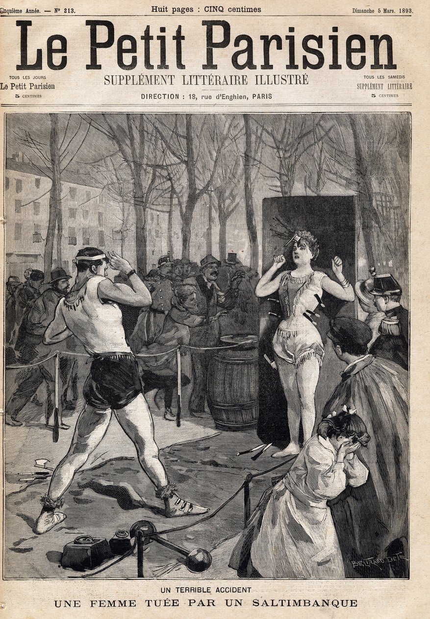 Kvinne drept ved et uhell under et show av saltibank på gaten, Place des Quinconces i Bordeaux. En av avisene "Le petit Parisien"" den 5/03/1893 (gravering) av French School