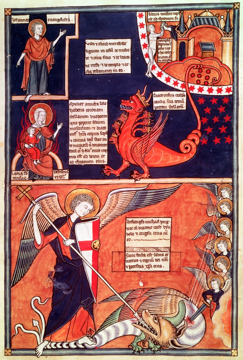 Woman of the Apocalypse blir angrepet av den syvhodede dragen og St. Michael Killing the Dragon, fra Liber Floridus av Lambert de Saint-Omer, ca. 1120 av French School
