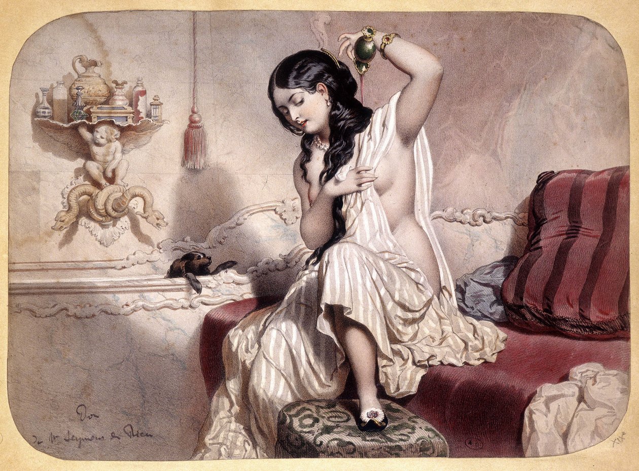 Kvinne parfymerer etter bad - litografi, v.1860 av French School