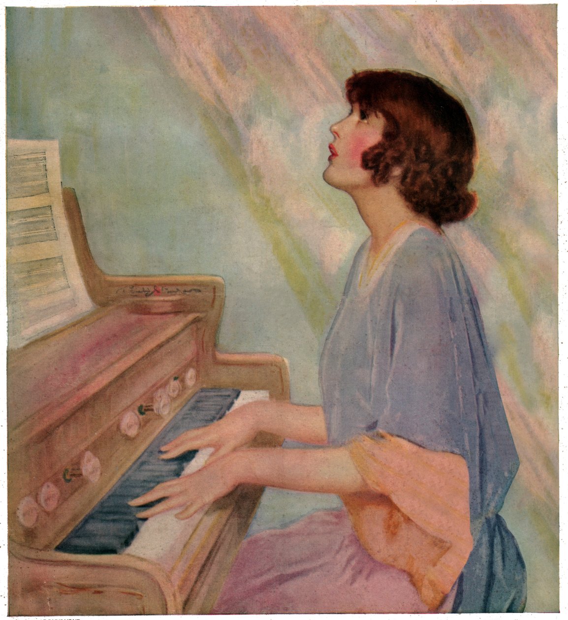 Kvinne som spiller orgel. 1924 (gravering) av French School