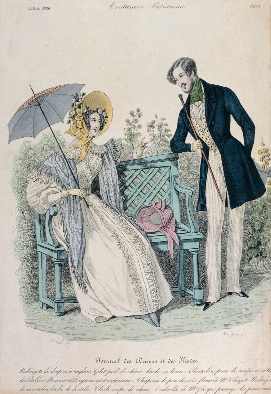Kvinne med paraply og mann i frakk i en hage, moteplate fra Journal des Dames et des Modes, 5. juni, 1836 av French School