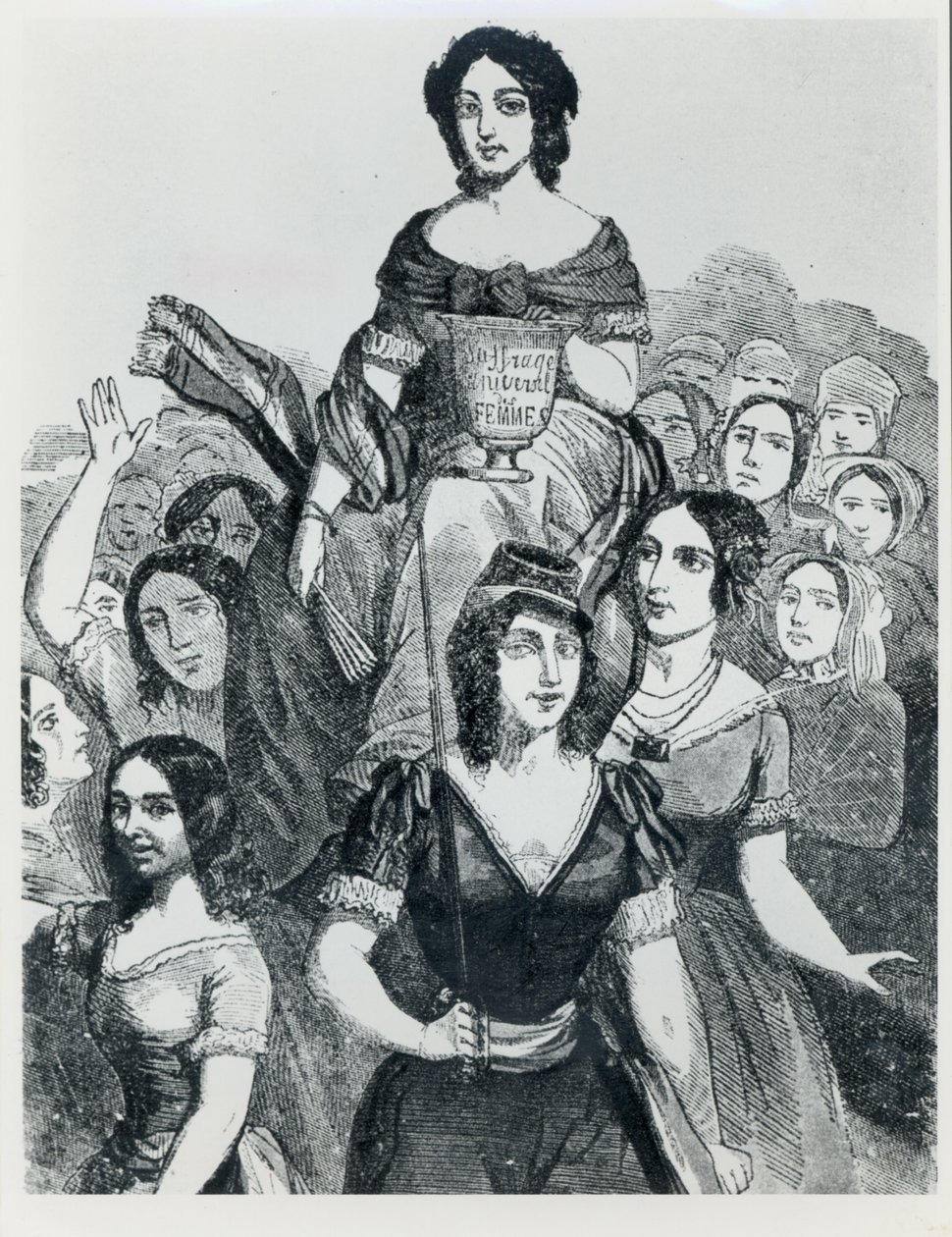 Kvinner som bærer Jeanne Deroin (1805-94) i Triumph, fra Les Femmes Celebres, bind I, Paris, Mazenod, 1848 av French School