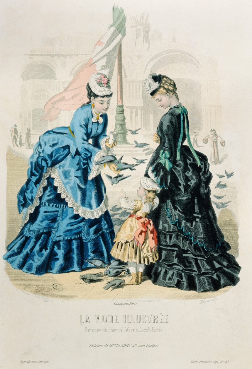 Kvinner og et barn som mater duene, fra La Mode Illustrée, 1872 av French School
