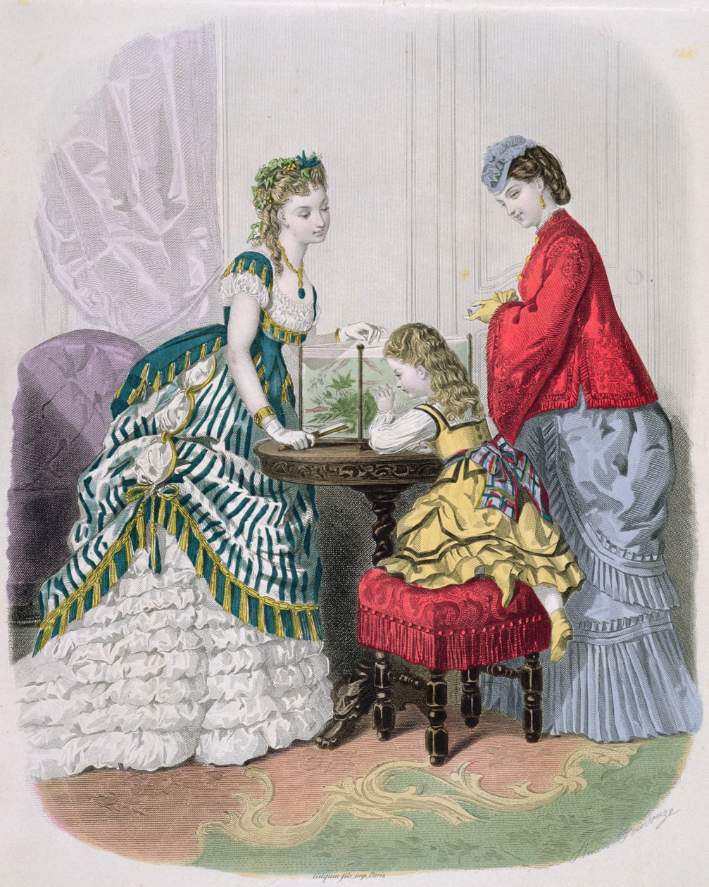 Kvinner og et barn ser på et akvarium, fra La Mode Illustrée, ca. 1870 av French School