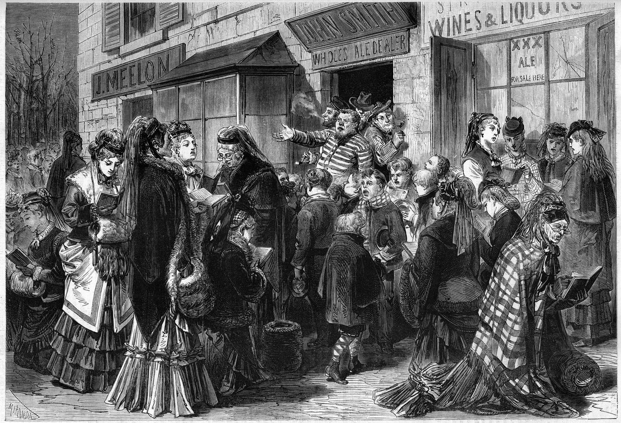 Women and children singing hymns at the door of liqueur flows from Chicago to the United States av French School