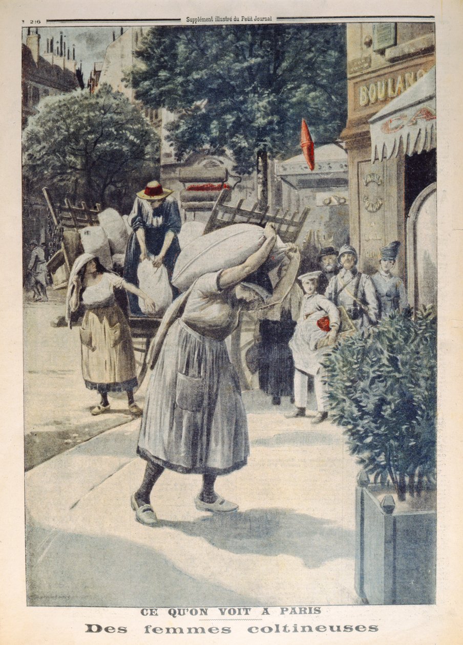 Kvinner som bærer sekker med mel under 1. verdenskrig i Paris, illustrasjon fra Le Petit Journal, 8. juli 1917 av French School