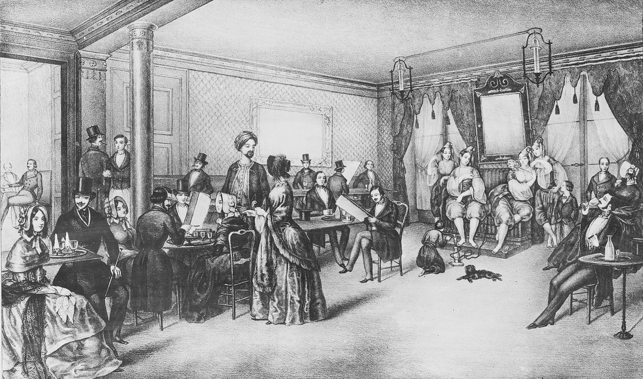 Kvinner fra Alger på en kafé i Paris, ca. 1860 (gravering) av French School