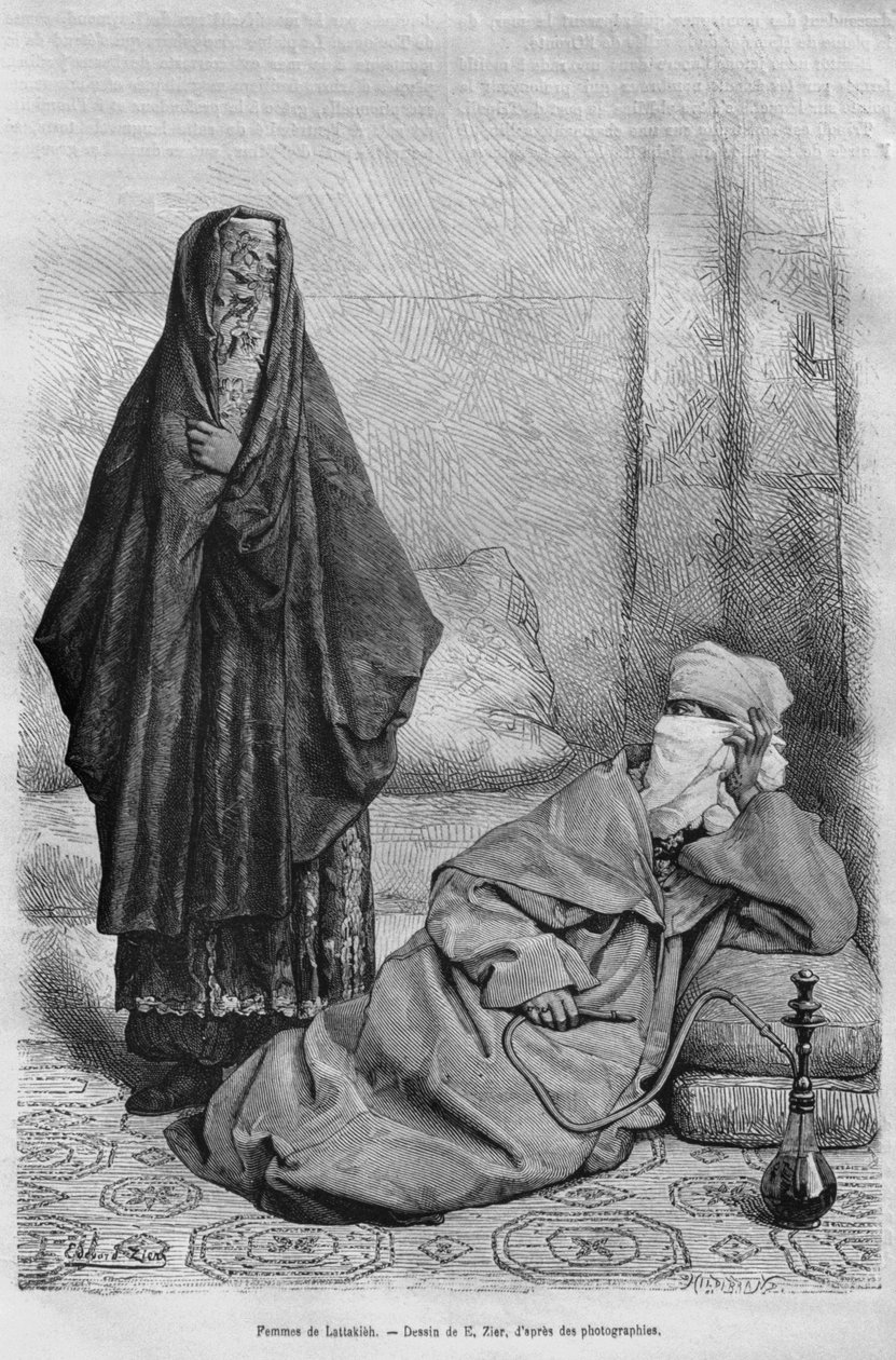 Kvinner fra Latakia, fra Syria i dag. Reiser i Fønikia, Libanon og Judea. 1875-1880 av Louis Charles Emile Lortet, 1884 (bw gravering) av French School