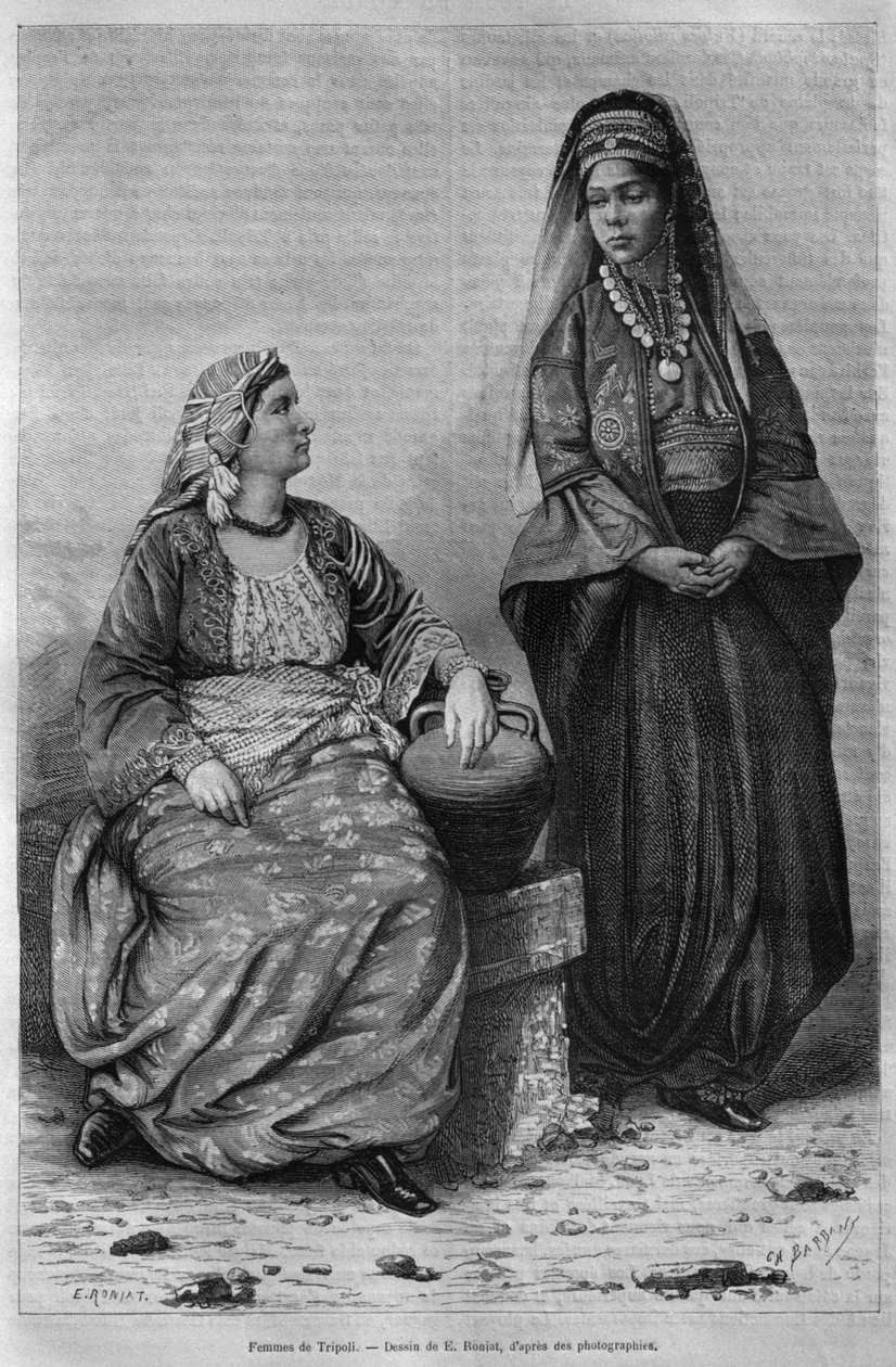 Kvinner i Tripoli, fra Syria i dag. Reiser i Fønikia, Libanon og Judea. 1875-1880 av Louis Charles Emile Lortet, 1884 (bw gravering) av French School