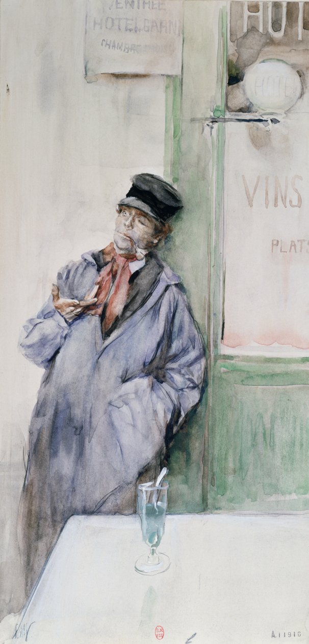 Arbeider på kafé med et glass absint, ca. 1900 (wc på papir) av French School