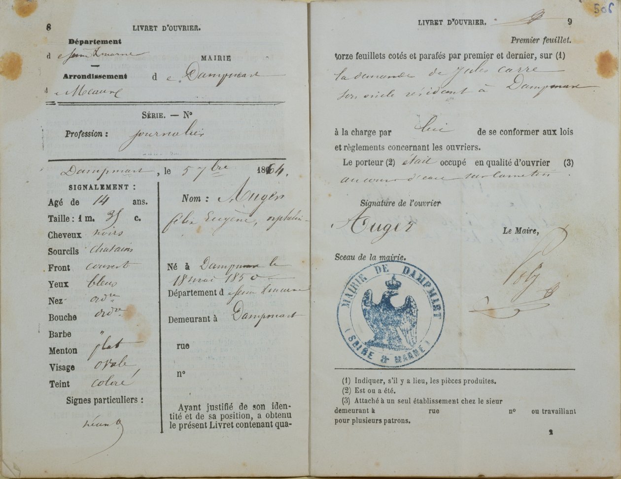 Arbeiderhåndbok utstedt av Mairie av Dampmart til Felix Auger (f.1850), 1864 av French School