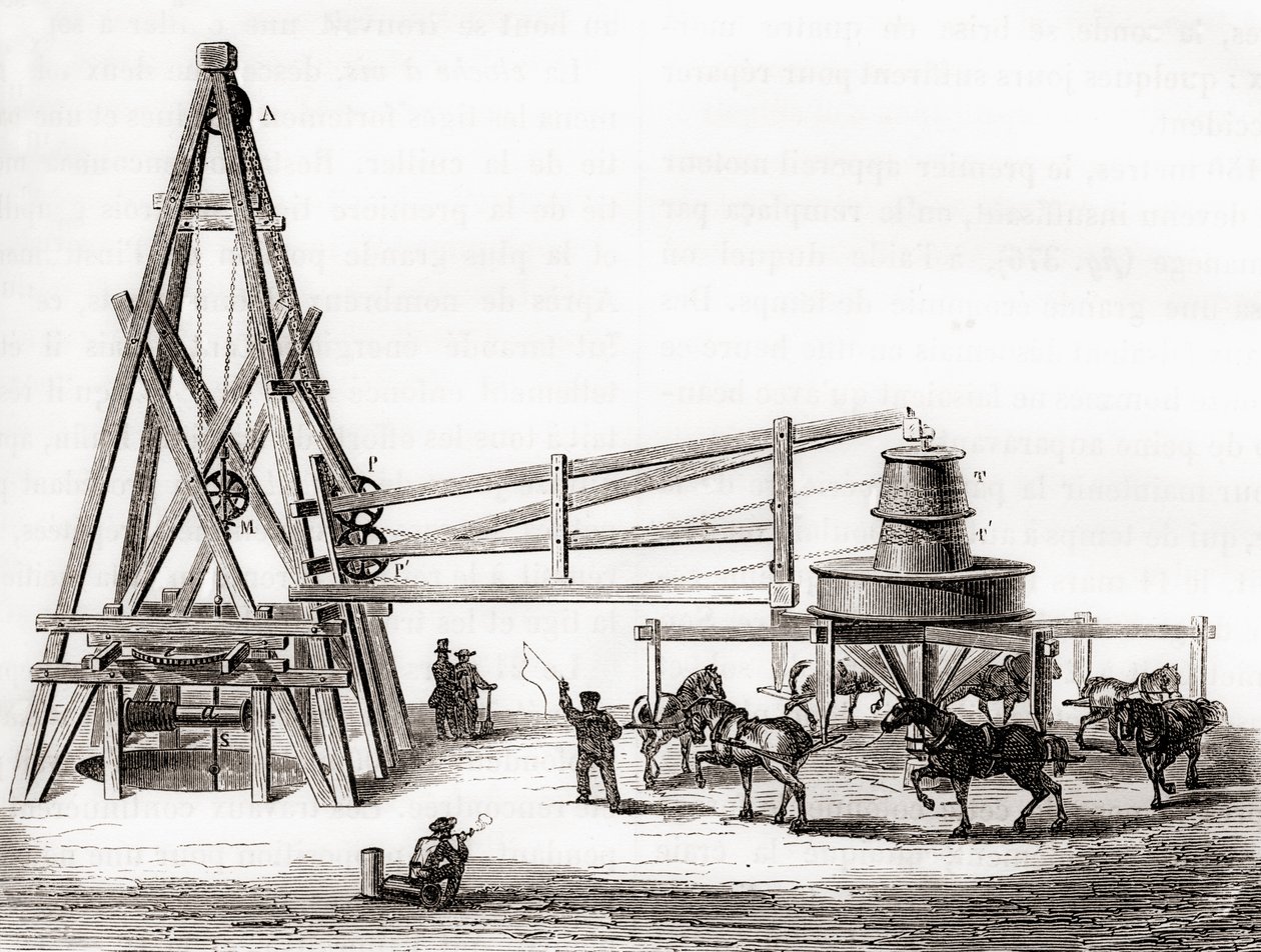 Arbeidere som brukte karusellen og vinsjen for å bore de artesiske brønnene ved Grenelle, Frankrike på 1800-tallet, fra 