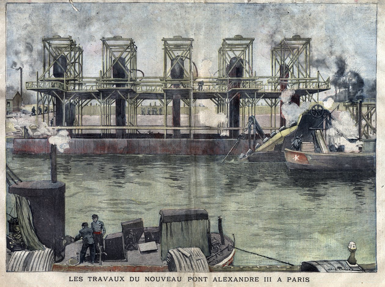 Jobber i Paris ved Pont Alexandre III. Gravering av april 1898 i “La petite Gironde”””. av French School