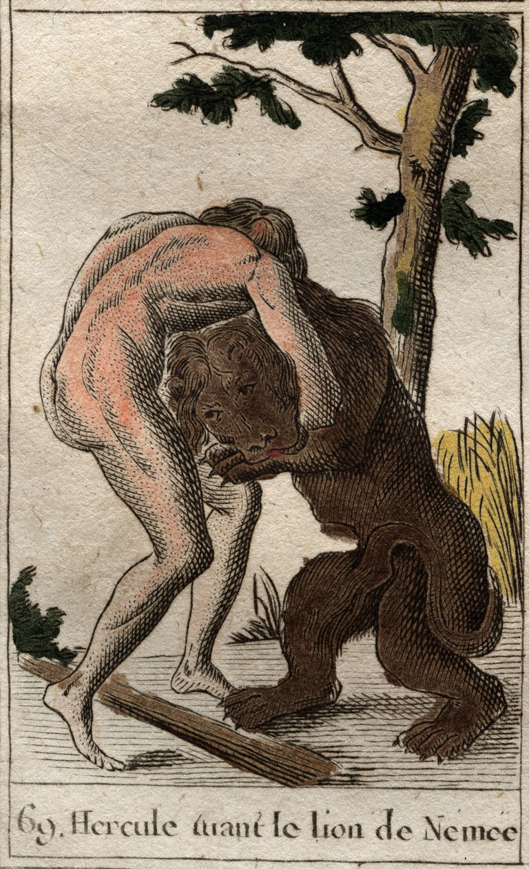 Works of Hercules: “” Hercules killing the lion of Nemee”” (First labor of Heracles, Hercules slaying the Nemean lion) From “” Mythology of Youth “” by Pierre Blanchard 1803. av French School