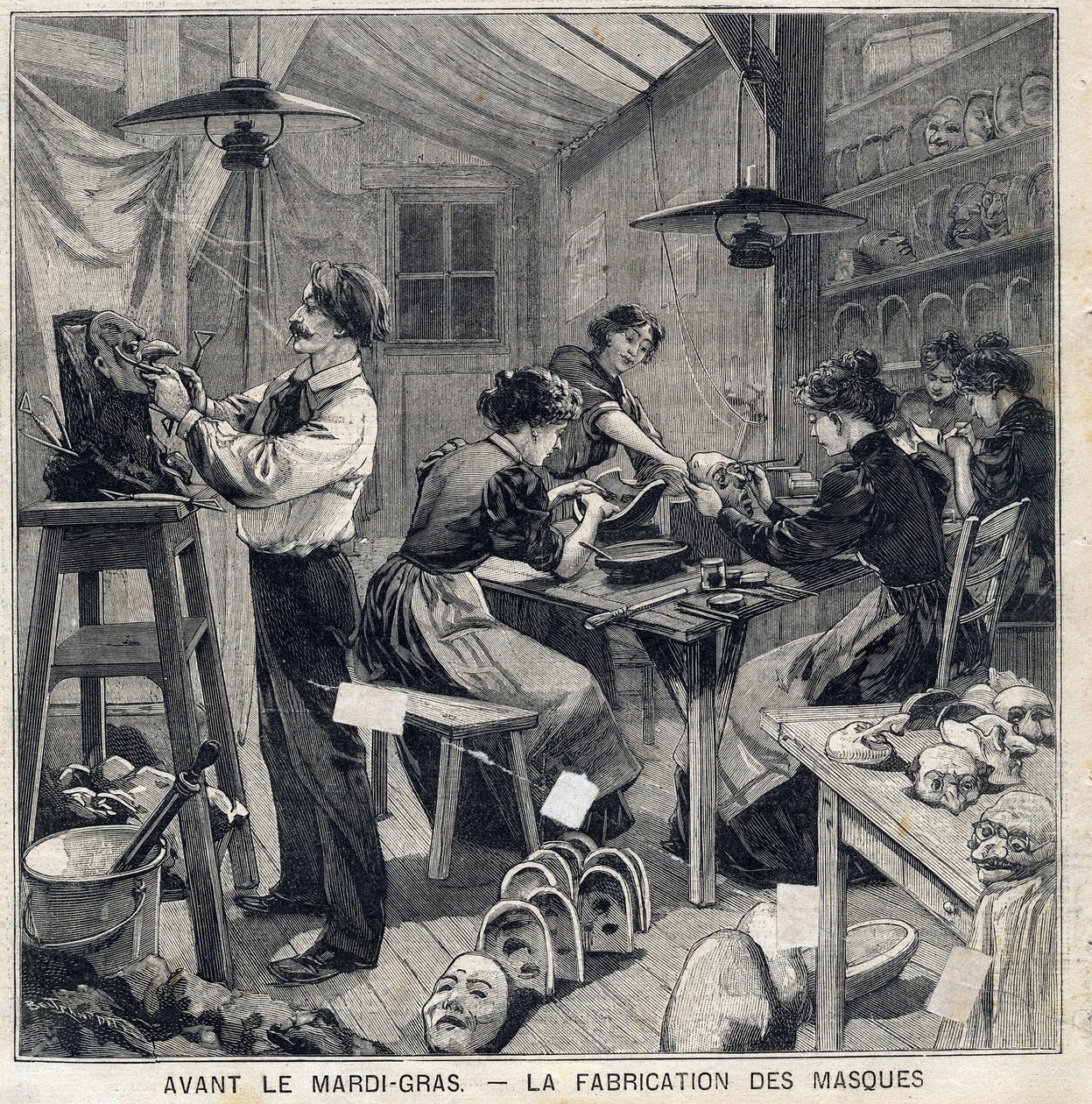 Workshop for å produsere masker for forkledningene til Mardi Gras-festivalen (Mardi-Gras). I "" Le Petit Parisien"" den 14/02/1897 av French School