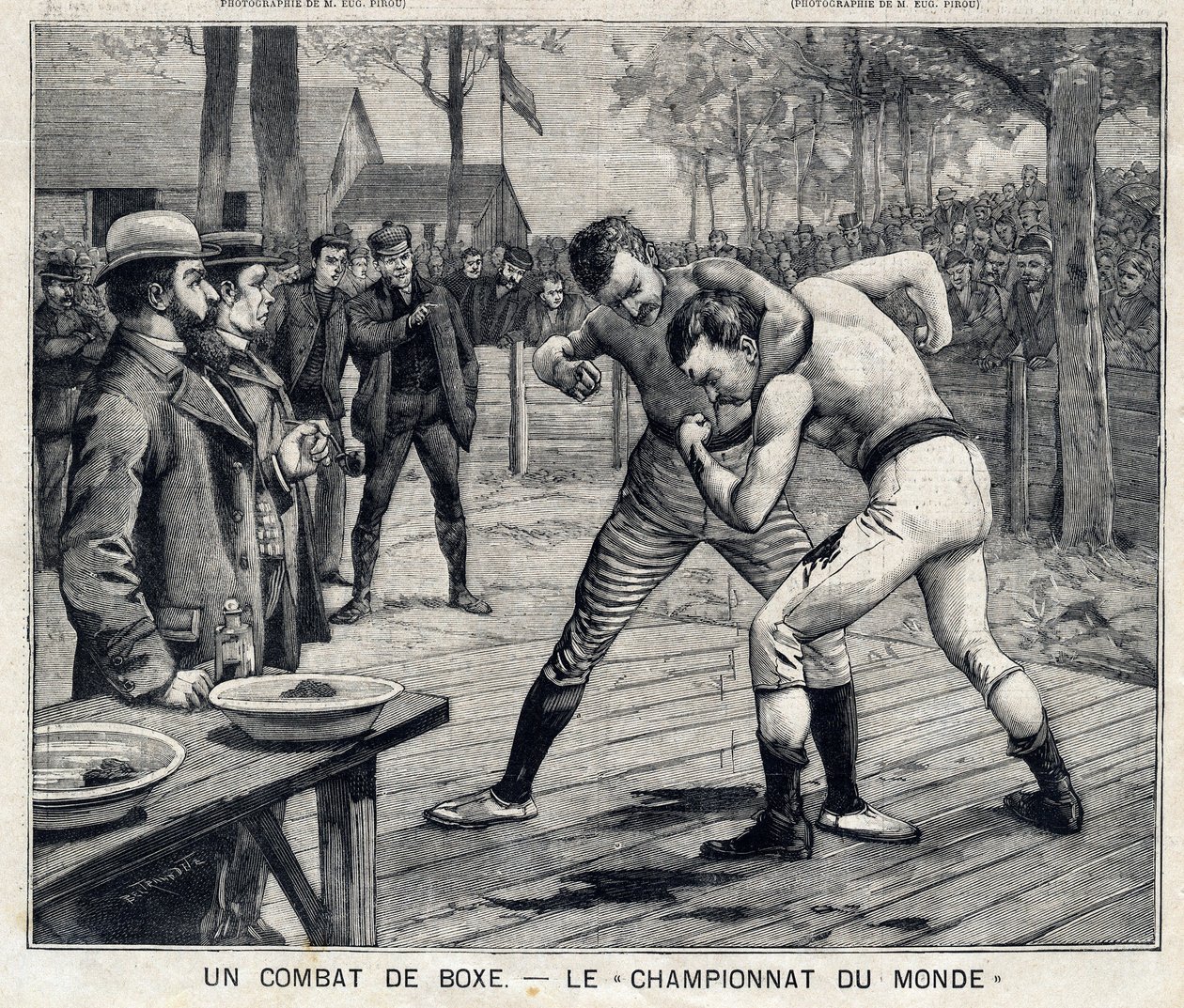 World Championship: boxing fight between Jim Corbett and Bob Fitzsimmons in Carson, Nevada, United States: In “” The Little Parisien”” on 11/04/1897. Private Collection av French School