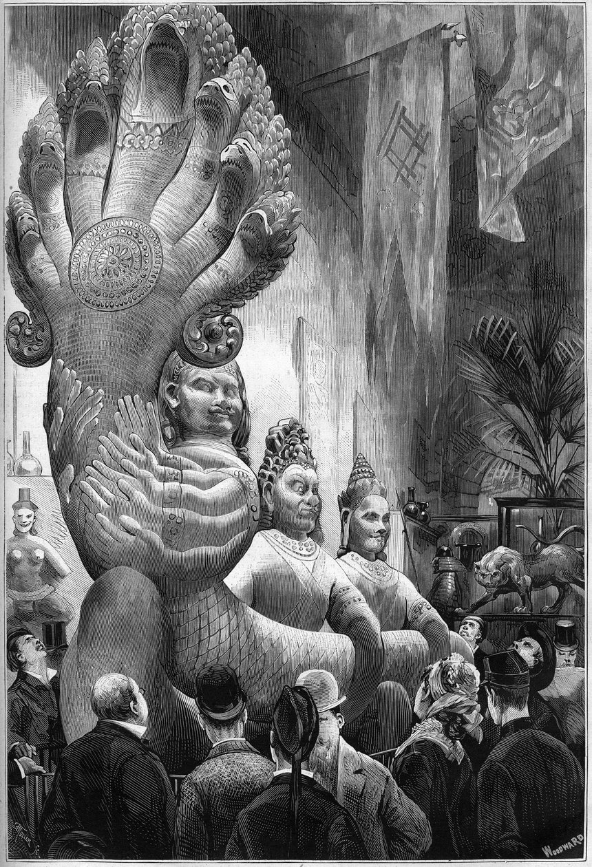Verdensutstilling 1878 i Paris: statuer av de kambodsjanske gigantene og polycephal slangen, rapportert fra Kambodsja av Delaporte-misjonen, utstilt i Trocadero Retrospective Gallery. Gravering i "" Le Monde Illustré"" nr. 1127 av 1. november av French School
