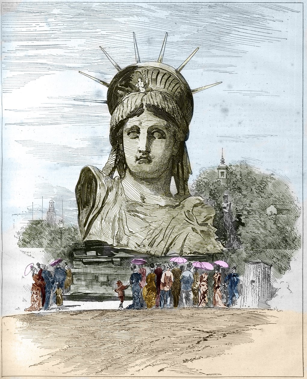 Verdensutstilling 1878 i Paris: lederen av Frihetsgudinnen av Frederic Auguste Bartholdi (1834-1904). Gravering av Edgard Morin i ""The Illustrous World"" nr. 1111 av 13. juli 1878. av French School