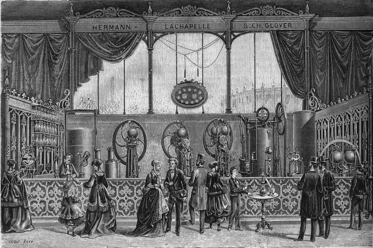 Verdensutstilling fra 1867: gassvannapparater oppfunnet av Hermann Lachapelle (Hermann-Lachapelle) og Glover (metningsapparat, gassmåler, sprøyte, doseringspumpe...). Gravering i "" Le Monde Illustré"" nr. 578 av 9. mai 1868. av French School