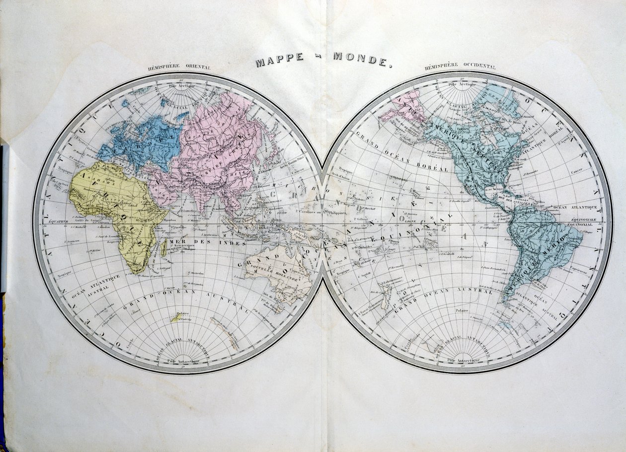 Verdenskart, illustrasjon fra Atlas Geographic Moderne av Prosper-Auguste Poulain de Bossay, ca. 1850 av French School