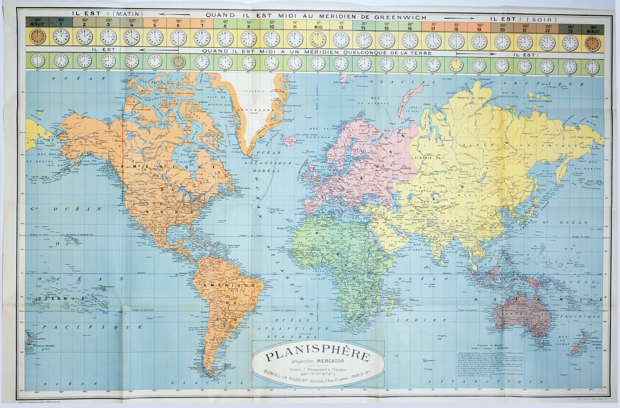 Verdenskart over de forskjellige tidssonene, utgitt av Blondel La Rougery i Paris ca. 1920 av French School